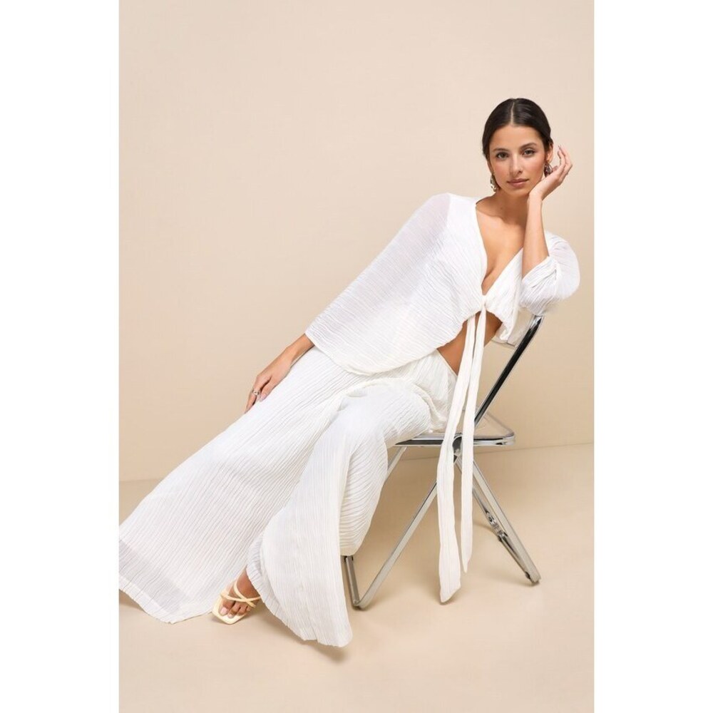 Lulus Pristine Presence Ivory Plisse High-waisted Wide-leg Pants White - Size L